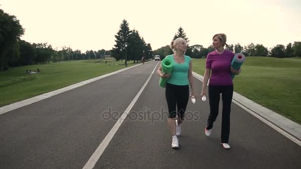 Fitness adult women going for sports in the park — Stock Video