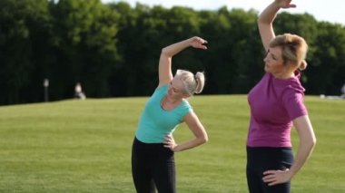 Sportif kadın parkta germe egzersizleri yapıyor