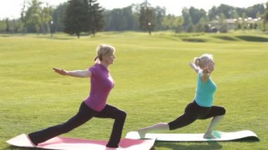 Kıdemli pratik yoga parkta kadınlara uygun