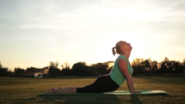 Sportieve mooie vrouw beoefenen van yoga in park — Stockvideo
