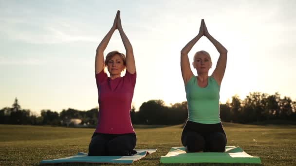 Women yoga meditating in lotus pose hands overhead — Stock Video