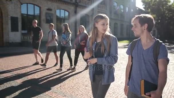 Séta a campus egyetemi két boldog diákok — Stock videók