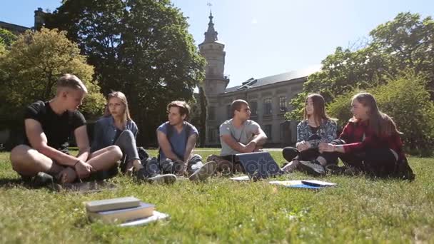 Groep studenten chatten op het gazon van de campus — Stockvideo