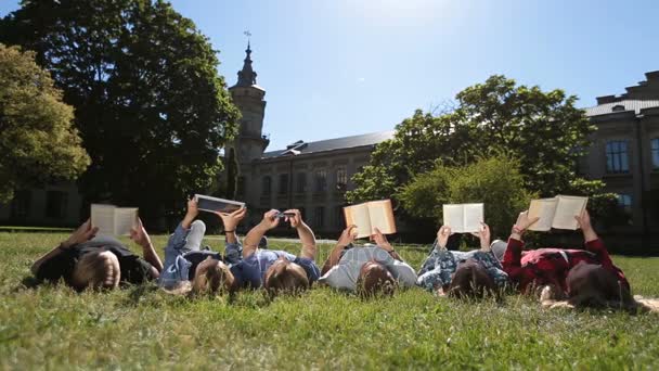 Grupo de estudiantes ocupados estudiando juntos en el parque — Vídeos de Stock