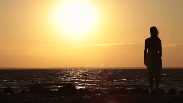 Ανέμελη γυναίκα απολαμβάνοντας το ηλιοβασίλεμα στην παραλία — Αρχείο Βίντεο