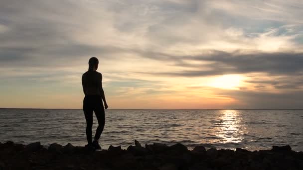 Vrouw vieren succes bij strand zonsondergang juichen — Stockvideo