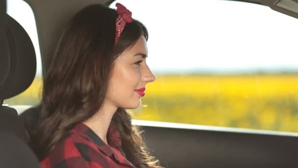 Muito sorridente motorista do sexo feminino sentado no carro — Vídeo de Stock