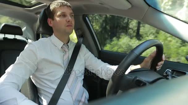 Fiducioso uomo d'affari alla guida di auto in campagna — Video Stock