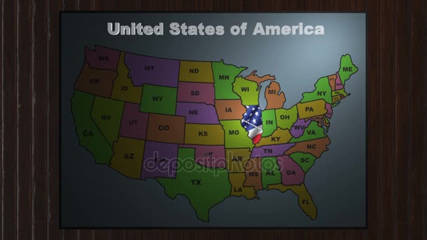 Mapa de abreviaturas de Illinois pull out from USA states — Vídeo de stock