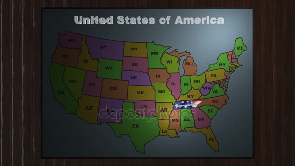 Tennessee pull out from USA states abbreviations map — Stock Video