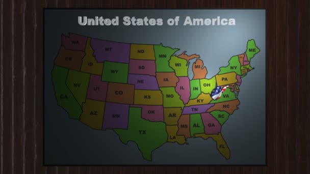 West Virginia uitlichten van afkortingen kaart van de Staten van de V.s. — Stockvideo