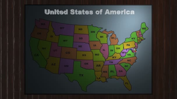 Mapa de las abreviaturas de Maryland pull out from USA states — Vídeo de stock