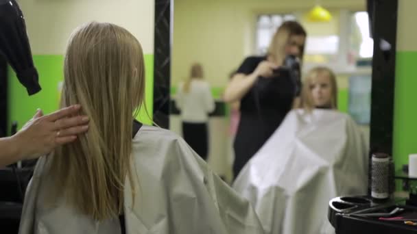 Cabeleireiro fêmea secagem de cabelo com secador de cabelo — Vídeo de Stock