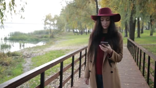 Mulher sorrindo mensagens de texto no telefone no parque de outono — Vídeo de Stock