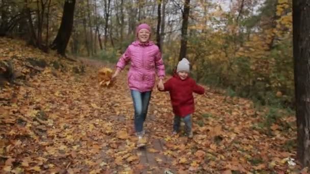 Blije kinderen lopen via herfst bos — Stockvideo