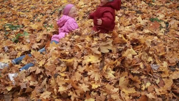 Игривые дети, лежащие в куче желтой листвы — стоковое видео