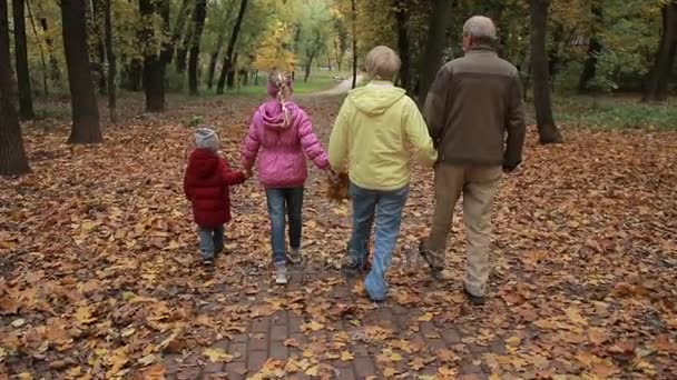 Grootouders met kinderen wandelen langs herfst pad — Stockvideo