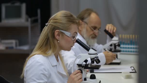 Wetenschappers bezig met microscopen in laboratorium — Stockvideo