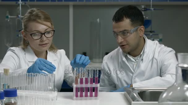 Scientists making research in chemical laboratory — Stock Video