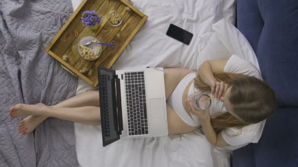女性用膝上型电脑饮用冰沙的看法 — 图库视频影像