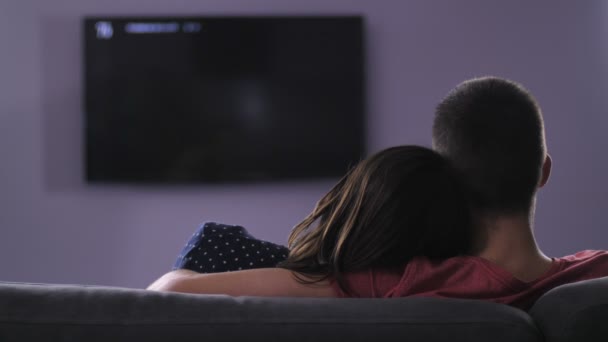 Vista trasera de la pareja viendo plazma TV por la noche — Vídeos de Stock