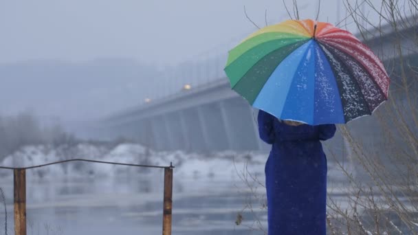 Mujer con paraguas de arco iris durante las nevadas — Vídeos de Stock