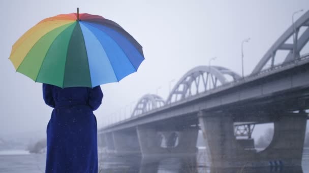 Hembra en abrigo con paraguas de arco iris durante la nieve — Vídeo de stock