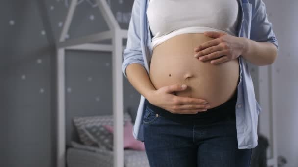 Milieu de la femelle caressant ventre enceinte — Video