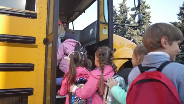 Glada små skolbarn som kliver in i skolbussen — Stockvideo
