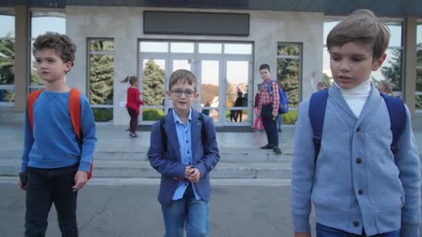 Alegre elementar idade meninos indo a partir de escola — Vídeo de Stock