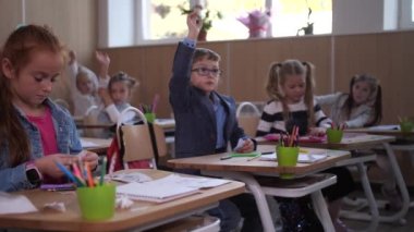 Akıllı okul çocuğu soru sormak için elini kaldırıyor.