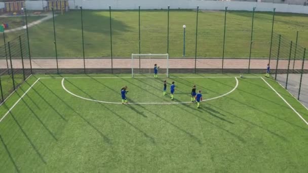 Παιδική ποδοσφαιρική ομάδα παίζει στο γήπεδο του πράσινου ποδοσφαίρου — Αρχείο Βίντεο