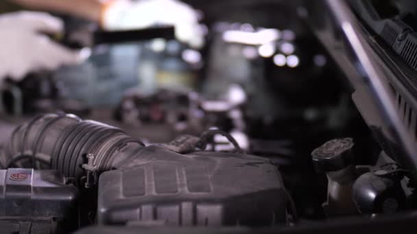 Mão do reparador que verifica o freio, níveis de refrigerante — Vídeo de Stock