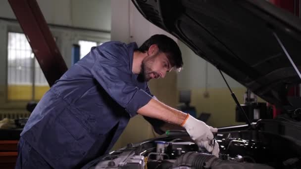 Специалист по ремонту автомобилей, заменяющий автомобильный фильтр — стоковое видео