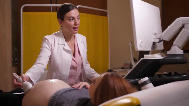 Женщина-врач делает УЗИ беременности в клинике — стоковое видео