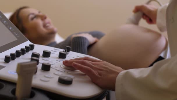Doğum uzmanının elleri gebelik ultrasonuna giriyor. — Stok video