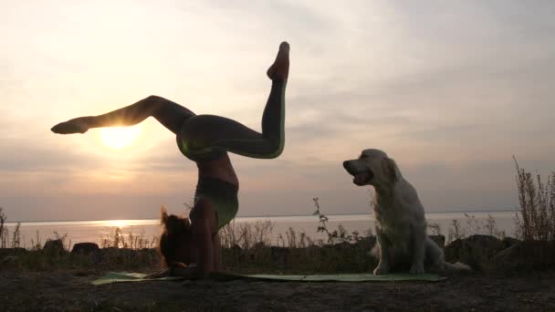 Sterke vrouw doet staan ondersteboven bij zonsondergang — Stockvideo