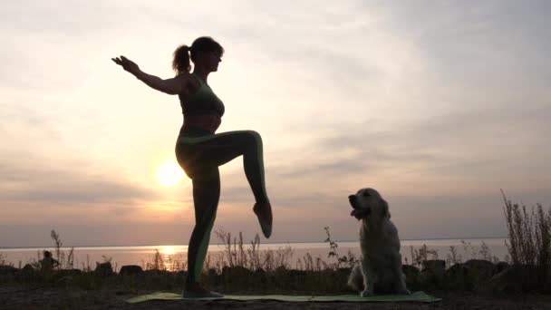 Mujer en forma practicando yoga equilibrio pose al atardecer — Vídeo de stock