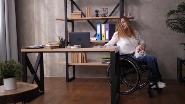 Женщина-инвалид с котом, работающая дома на ноутбуке — стоковое видео