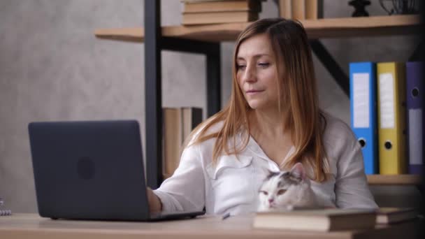Töprengő felnőtt nő macskával munka közben otthon — Stock videók