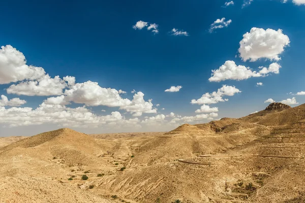 Uitzicht op de bergen in de woestijn. Toeristen op de top van een heuvel. Tunesië. — Stockfoto