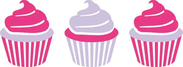 Tres lindos cupcakes en rosa y lila — Vector de stock