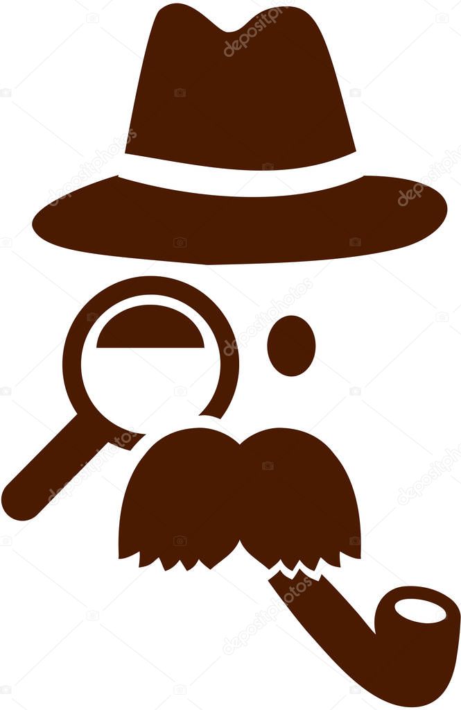 Detective face with magnifying glass, schnauzer and pipe