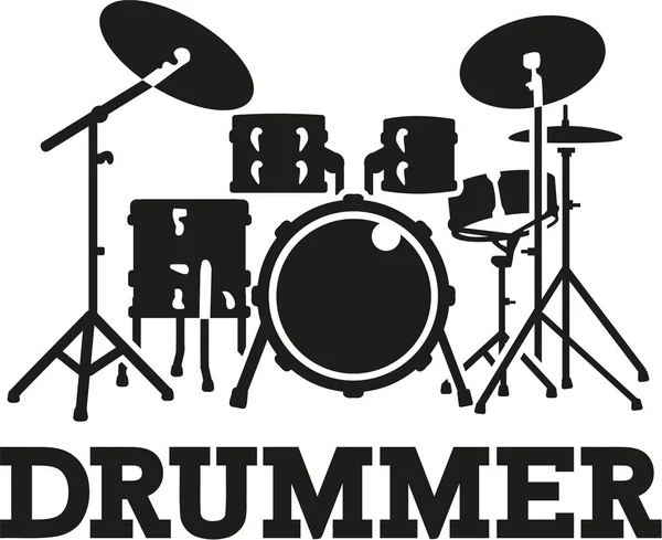 Conjunto de bateria com baterista palavra —  Vetores de Stock