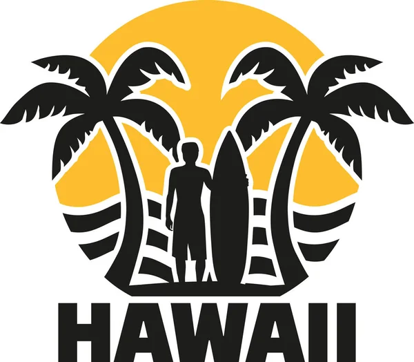 Praia do Havaí com palmeiras e surfista — Vetor de Stock
