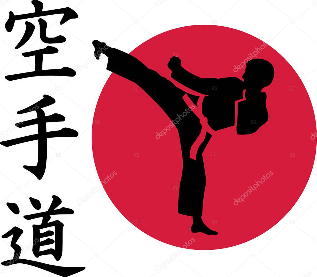 Karate man in front of red circle and signs