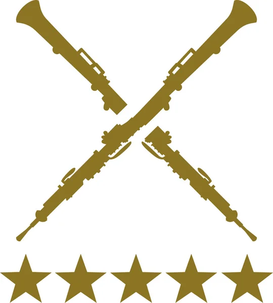Oboe cruzado con cinco estrellas doradas — Vector de stock
