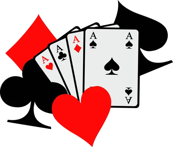 Four aces playing cards with big poker icons spades hearts diamonds clubs — Stock Vector