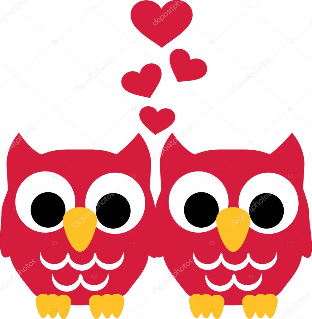 Two Owls in love with hearts