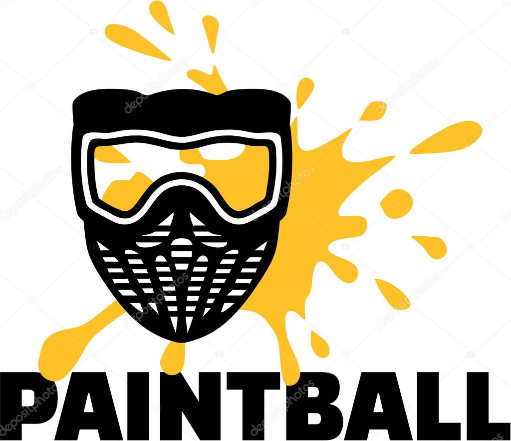 Paintball mask with word paintball and splash